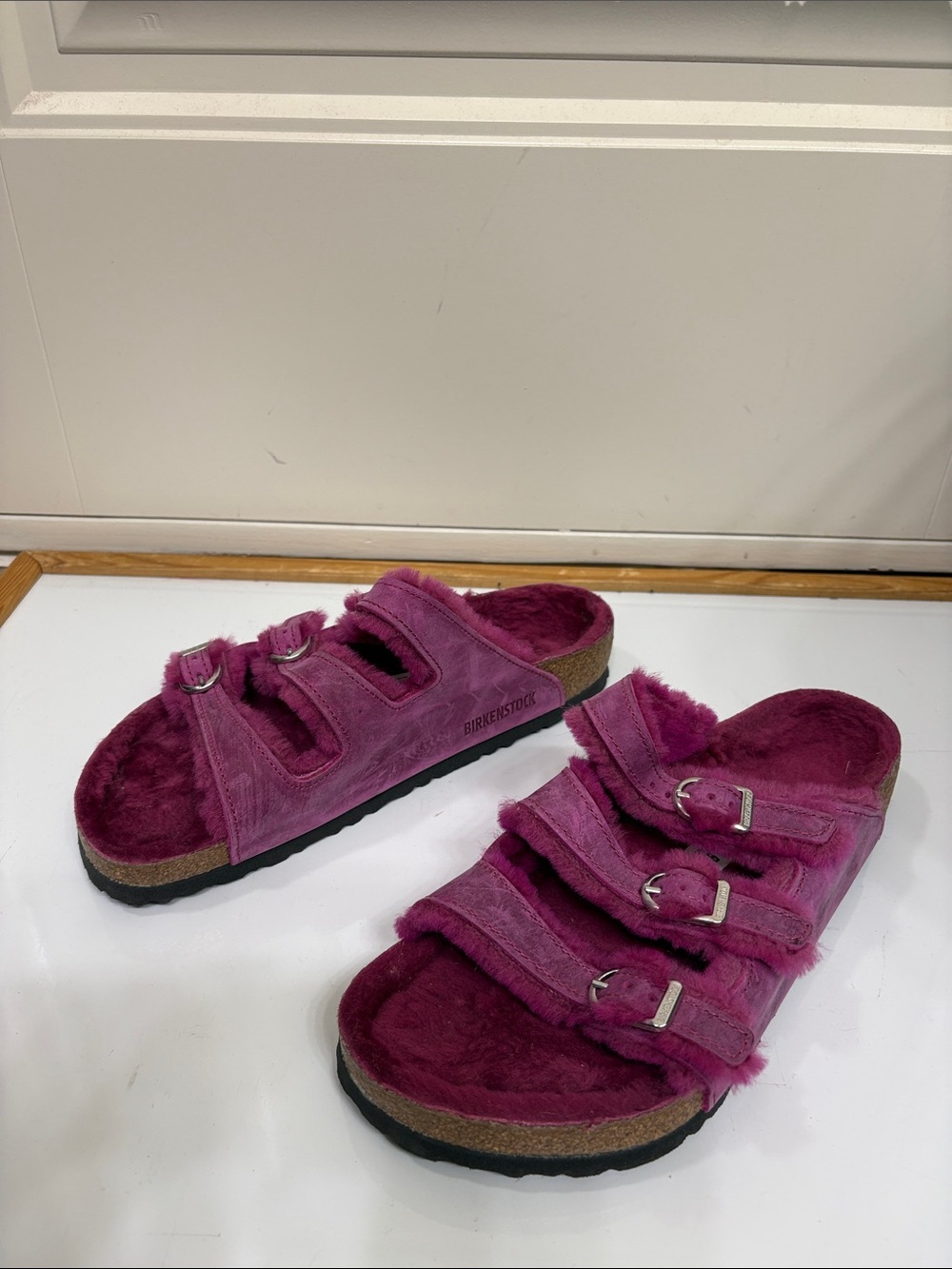 Birkenstock Arizona Shearling Triple-Strap Sandals - Fuchsia - Picture 4 of 11